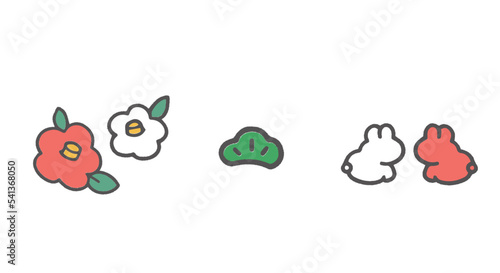 年賀状素材　卯年　椿　松　うさぎ　ベクター　イラスト　淡色　セット