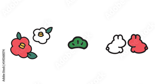 年賀状素材　卯年　椿　松　うさぎ　ベクター　イラスト　セット