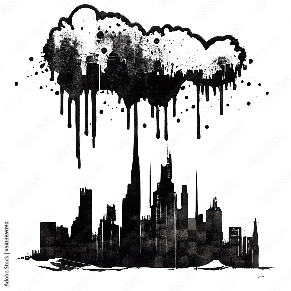 Black Ink/Spray Paint Image of Clouds Over A City | Created Using Midjourney and Photoshop