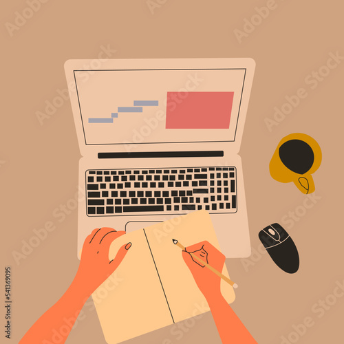 Female hands working on laptop. Coffee on working desk. Point of view on Laptop screen. Working, studying, work from home concept. Hand drawn modern Vector illustration