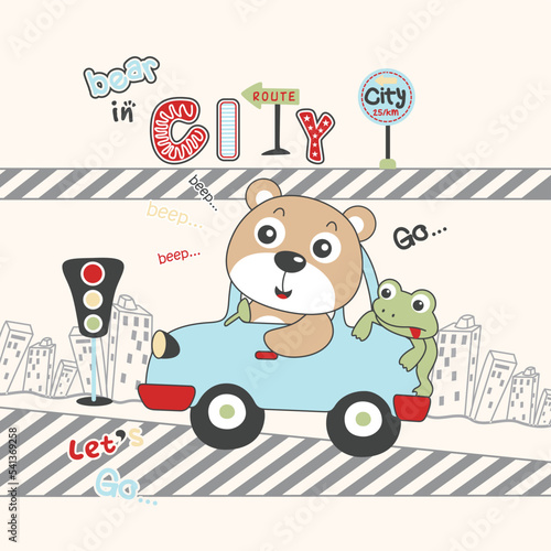 vector illustration of cute bear driving on city road