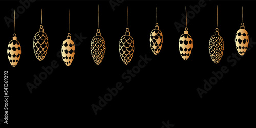 Vector Christmas and New Year background with top hanging gold toys, decorations in form of spruce cones for xmas tree on black background. Holiday banner