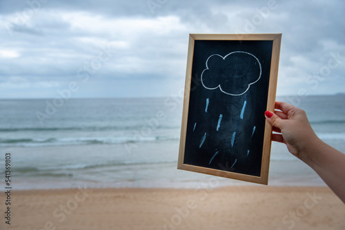 Mano de mujer con uñas rojas sujetando una pizarra negra con bordes de madera con una nube y lluvia dibujada con una playa de fondo, el mar y las olas durante un día nublado de mal tiempo