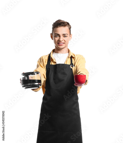 Handsome barista with cup a...