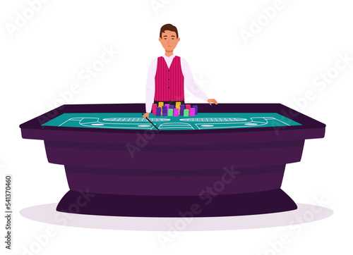 Croupier in a casino at a craps table vector illustration. Casino, gaming house flat illustration. People characters. Casino interior decor. Gambling industry. For design casino web sites.