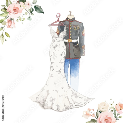 Hand Drawn Wedding Outfit. Watercolor Set of Wedding Elements. Wedding Invitation Design.