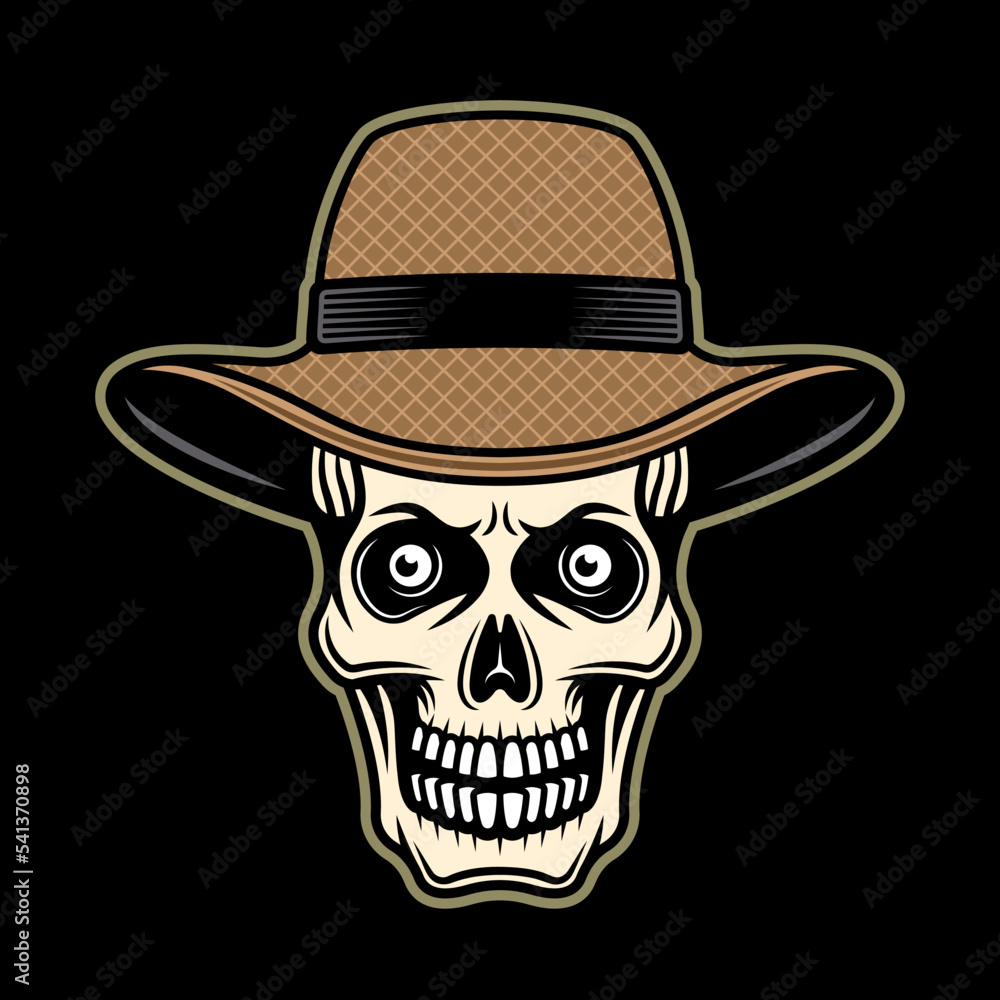 Farmer skull in straw hat vector illustration in colored style on dark background Farmer skull in straw hat vector illustration in colored style on dark background