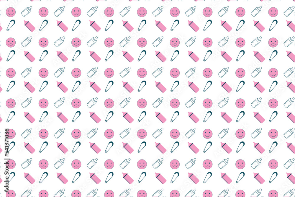 Endless baby pattern background design for backdrops, wallpapers, and book covers. Seamless childish pattern decoration with smiling faces and baby feeder icons. Abstract kid's pattern vector.