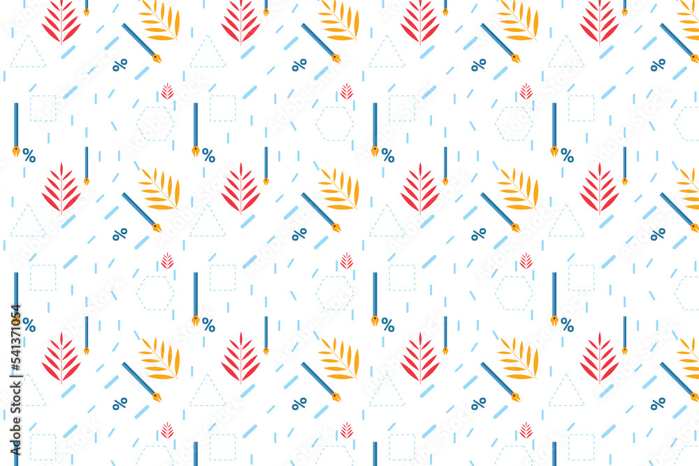 Mathematical pattern decoration with pen and leaf icons on a white background. Abstract education pattern design for assignment cover page. Endless study pattern vector for wallpapers and book covers. Mathematical pattern decoration with pen and leaf icons on a white background. Abstract education pattern design for assignment cover page. Endless study pattern vector for wallpapers and book covers.
