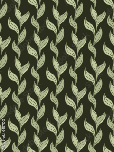 Vector pattern with vertical stripes made of contour foliage on dark green background. Botanical texture with doodle hand drawn leaves