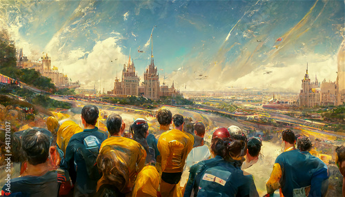 Crowd outside futuristic city