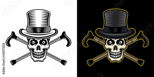Gentleman skull in cylinder hat and two crossed canes vector illustration in two styles monochrome on white and colorful on dark background