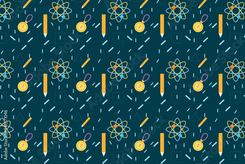 Minimal education pattern decoration with atomic structure, pencil, and medal icons. Seamless study pattern vector on a dark background. Abstract science pattern for backgrounds and wallpapers.
