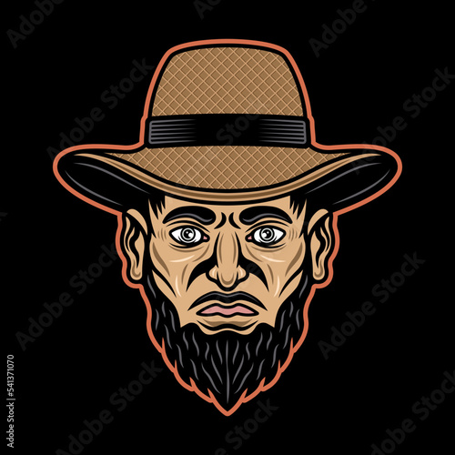 Farmer head in straw hat with beard vector illustration in colored style on dark background