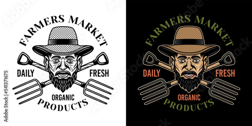 Farmer head in straw hat and two crossed farming forks vector emblem, logo, badge or label in two styles black on white and colored on dark background