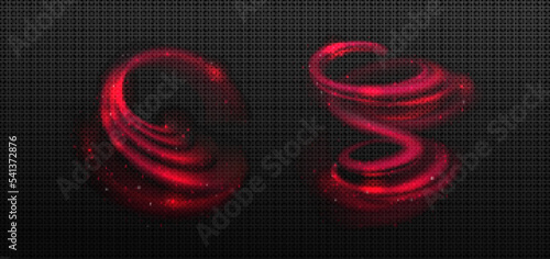 Red glow tornado, magic spiral, spinning circles motion effect, thunder energy waves, swirls with glitter, shimmer and sparks, isolated shiny round vortex traces, Realistic 3d vector illustration