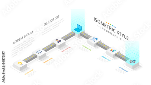 Infographic template for business. 6 Steps Modern Timeline diagram with conveyor concept, corporate isometric presentation vector infographic. Presentation slide template