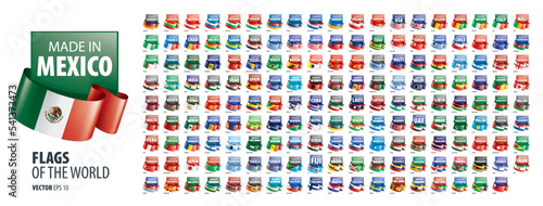 A set of vector icons with flags of countries and with the inscription made in