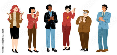 Business people clap hands, applaud. Diverse characters of team cheer for agreement, good job or success. Concept of applause, support, positive appreciation, vector hand drawn illustration