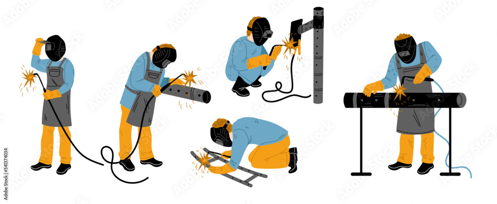Welder, construction worker in safety mask repairs pipes. Man in helmet work with welding machine and pipeline isolated on white background, vector hand drawn illustration Welder, construction worker in safety mask repairs pipes. Man in helmet work with welding machine and pipeline isolated on white background, vector hand drawn illustration