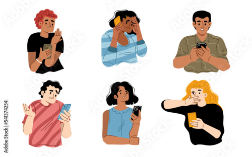 People receive bad news from mobile phone. Diverse sad, confused, anxiety and scared characters looking at smartphone in shock isolated on white background, vector hand drawn illustration