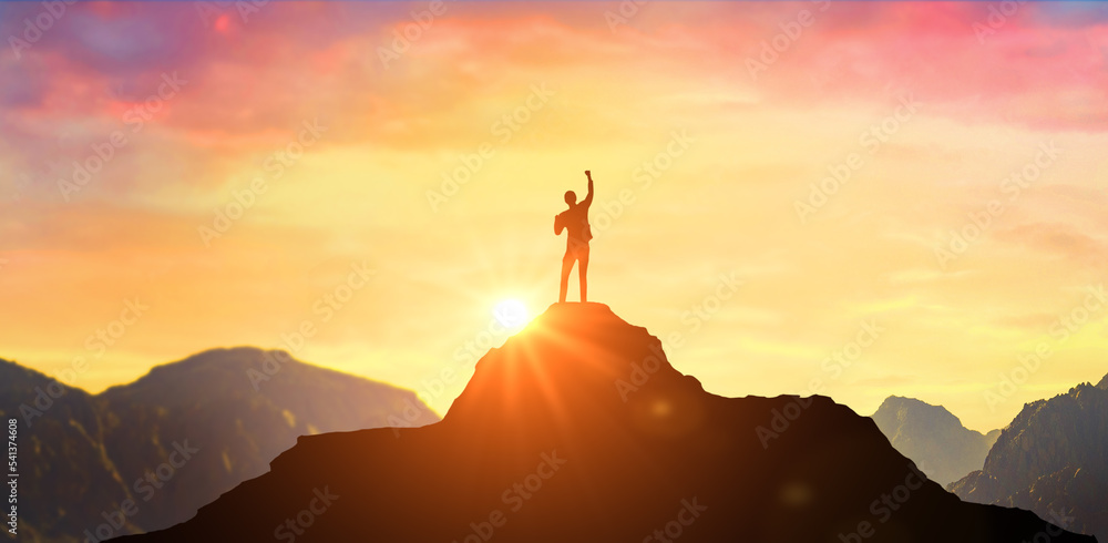 Success Business Leadership, Winner on top. Silhouette of businessman on top mountain, sky and sun light background. Business success and goal concept. - obrazy, fototapety, plakaty 