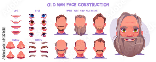 Slika na platnu Old man face animation constructor, cartoon elderly male character creation set