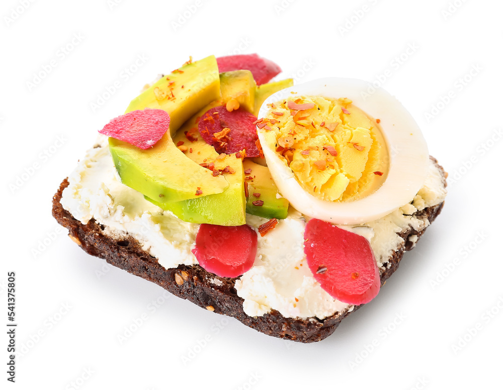 Tasty toast with boiled egg and avocado on white background Tasty toast with boiled egg and avocado on white background