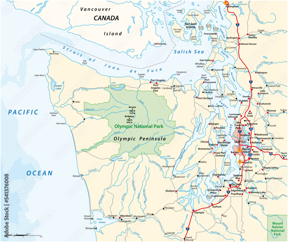 Map surrounding Olympic Peninsula and Greater Seattle, Washington, United States