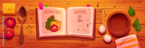 Kitchen table with open recipe book, ingredients and utensils top view. Cookbook, eggs, tomato, cheese, green leaves, empty wooden bowl and towel with spoon on wood desk, Cartoon vector illustration