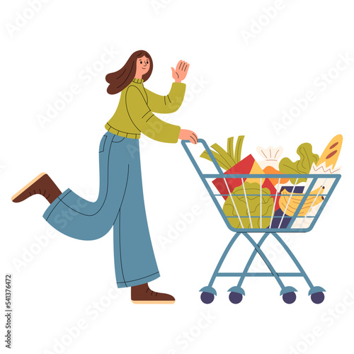 Running woman with a shopping cart full of goods
