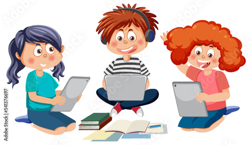 Children using laptop cartoon character