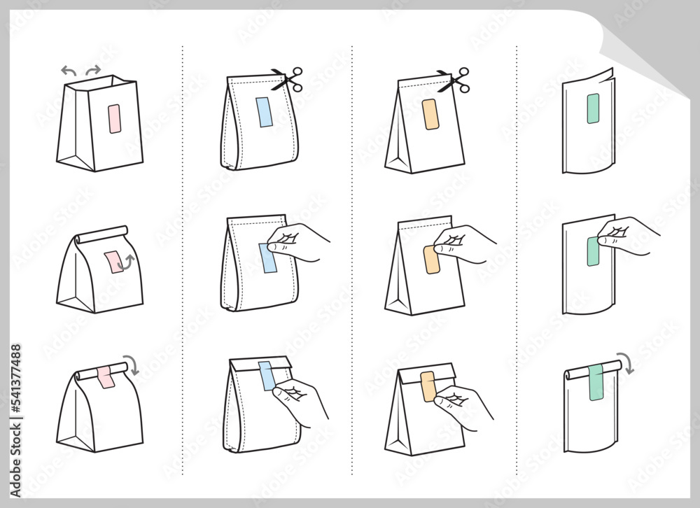Reusable closing packing guide. Adhesive label with user instruction. Vector elements on white background. Ready for use for your design, promo, advertising. EPS10. Reusable closing packing guide. Adhesive label with user instruction. Vector elements on white background. Ready for use for your design, promo, advertising. EPS10.