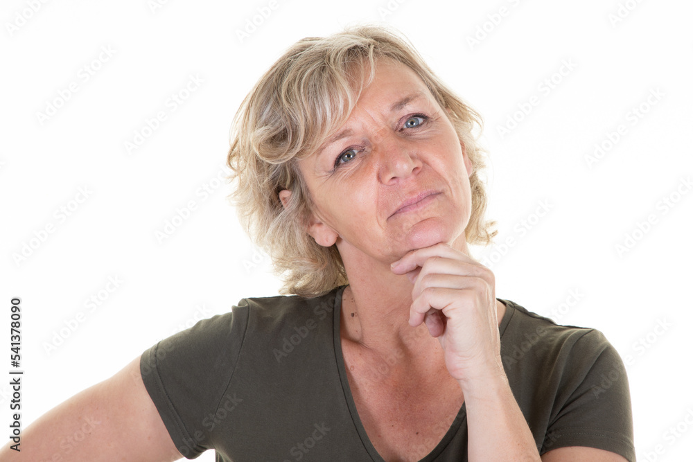 pensive beautiful senior woman smiling looking happy face cute smile posing in white copy space wall background pensive beautiful senior woman smiling looking happy face cute smile posing in white copy space wall background