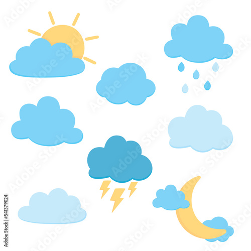 Set of cute blue cloud cartoon vector illustration.	