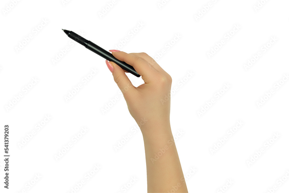 female hand with a black handle as a pointer, isolate female hand with a black handle as a pointer, isolate