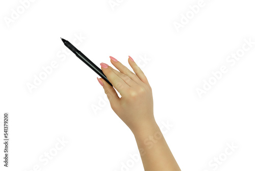 female hand with a black handle as a pointer  isolate