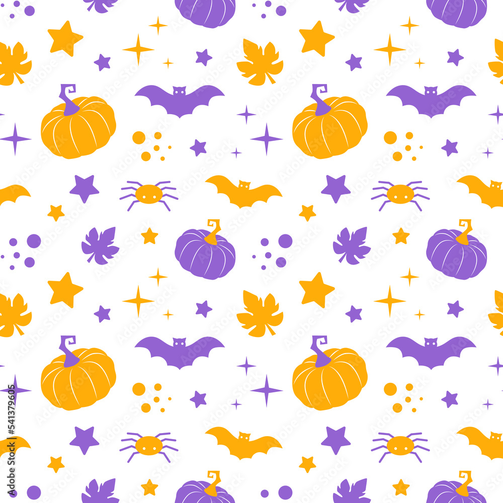 Halloween seamless pattern. Vector illustration of Holiday ornament with pumpkin, bat, spider. Packaging paper and textile design. Halloween seamless pattern. Vector illustration of Holiday ornament with pumpkin, bat, spider. Packaging paper and textile design.