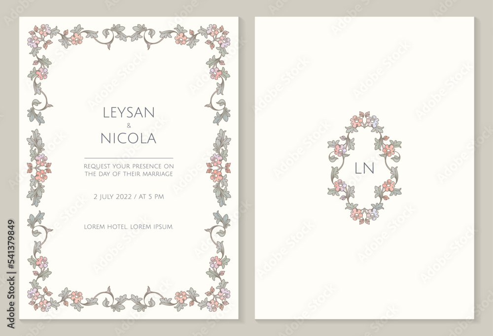 Retro wedding invitation template. Vintage color frame and monogram. Floral decoration pattern.