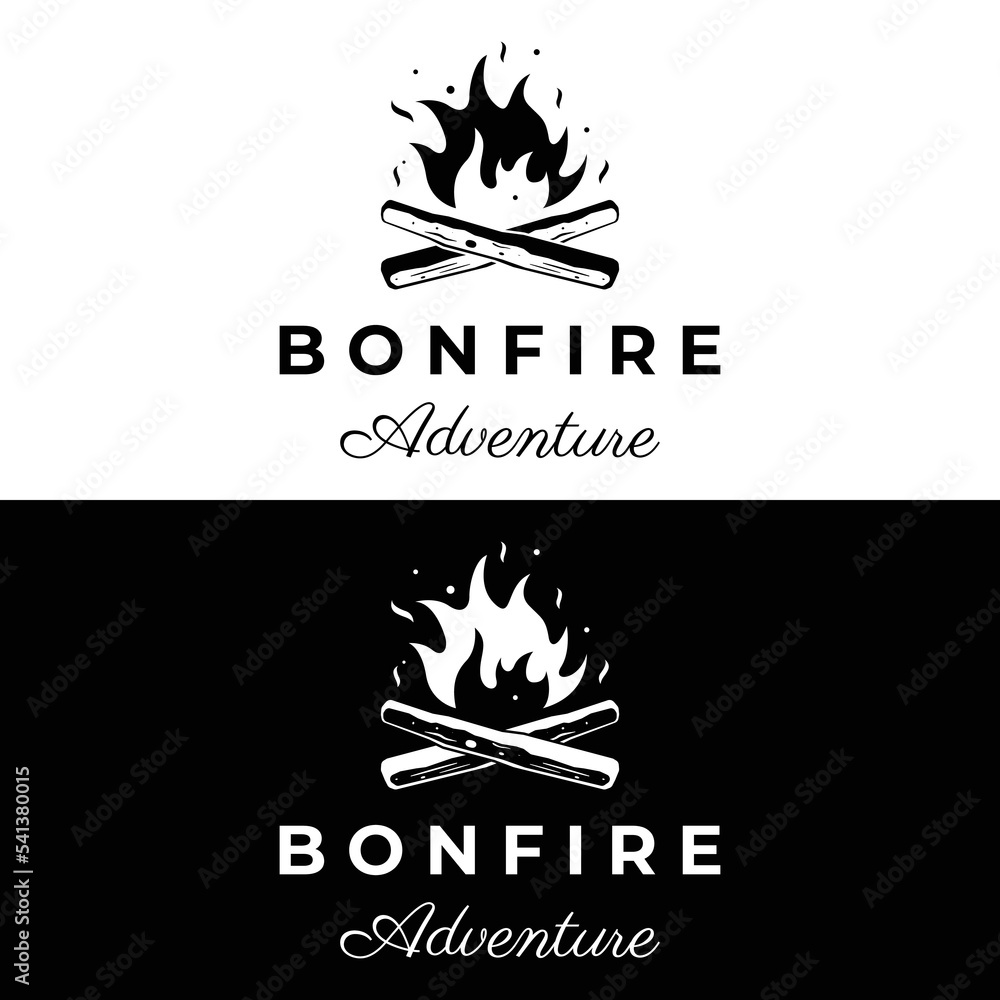 Creative design of bonfire logo template with vintage wood and fire concept for business, camping and adventure.