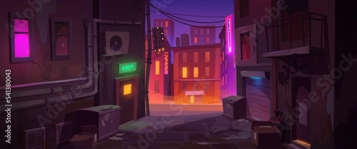 Dark dirty corner at night city with back exit door, litter bins and scatter garbage on narrow street with old buildings and view on colorful light road, town landscape Cartoon vector illustration
