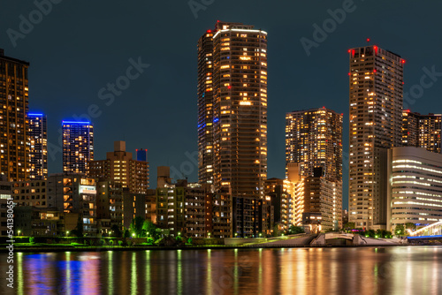 Photography Beautiful night modern architecture cityscape with Tokyo highrise buildings, Jap