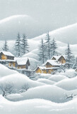 Beautiful village cover by snow  in winter. Poster Card Graphic design for Christmas. Landscape wallpaper background. 