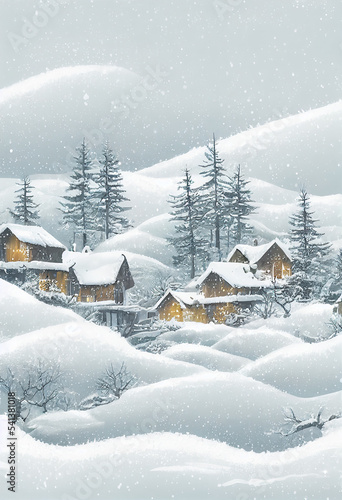 Beautiful village cover by snow  in winter. Poster Card Graphic design for Christmas. Landscape wallpaper background. 