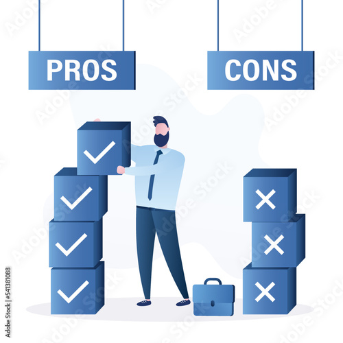 Pros and cons, businessman reflects on the advantages and disadvantages of new project. Smart businessman puts cubes with checkmark and cross. Risk management, brainstorming.