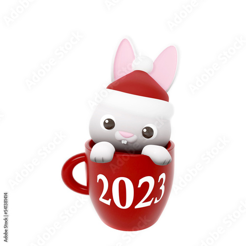 3d illustration cute white happy new year rabbit with red hat and cup 2023 decorations. Animal cartoon characters isolated on white background wearing red christmas hat. 3D render