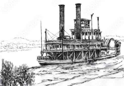 Fotografie Ancient river paddle steamer on riverside. Ink on paper.