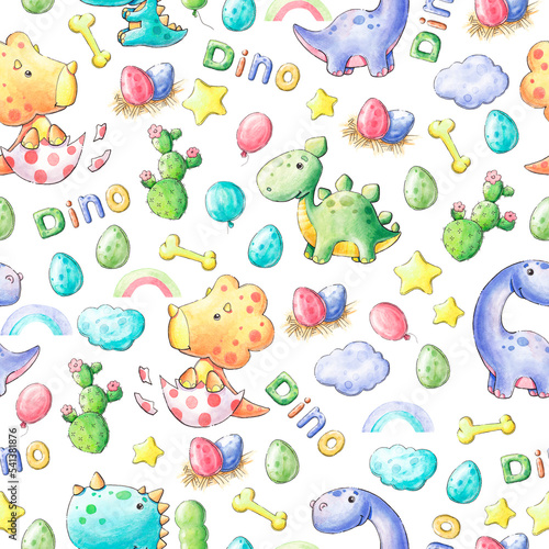 Watercolor background with dinosaurs. Children's illustration. Seamless pattern.