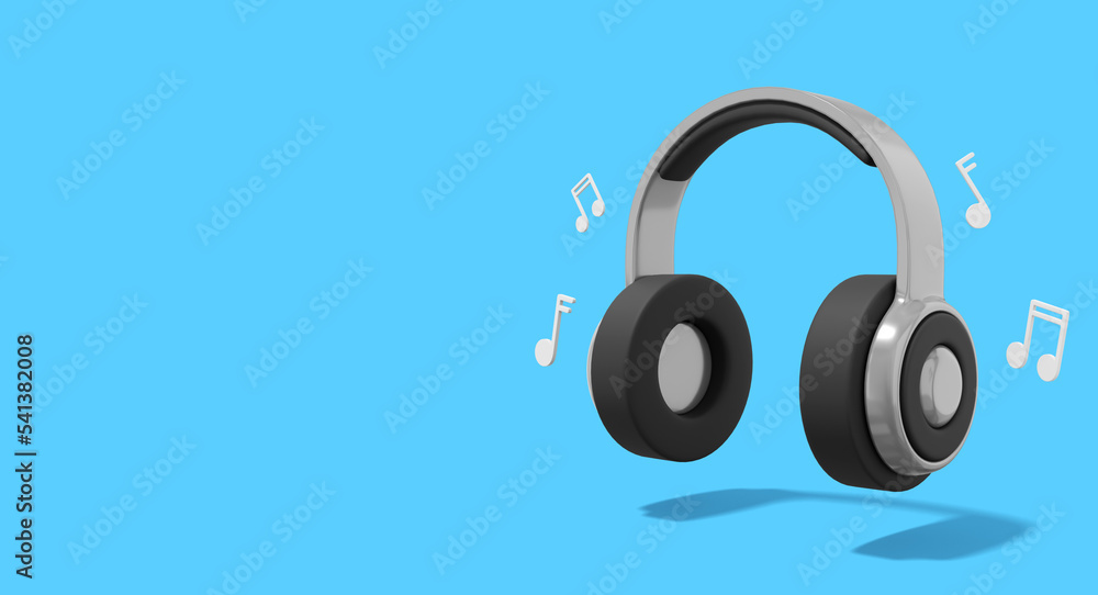 Realistic gray headphones with music notes on blue background with space for text. 3d rendering. Realistic gray headphones with music notes on blue background with space for text. 3d rendering.