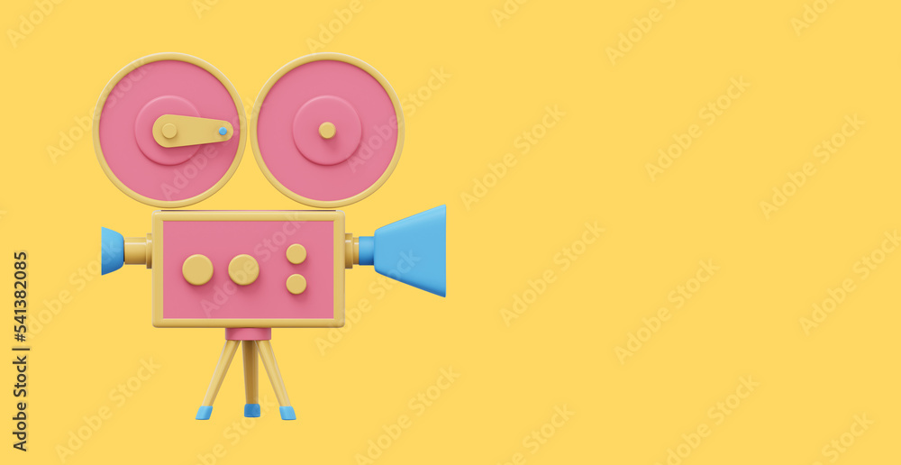 Fototapeta premium Vintage red cartoon style movie camera. Funny retro video camera. 3D rendering. Icon on yellow background, text space.